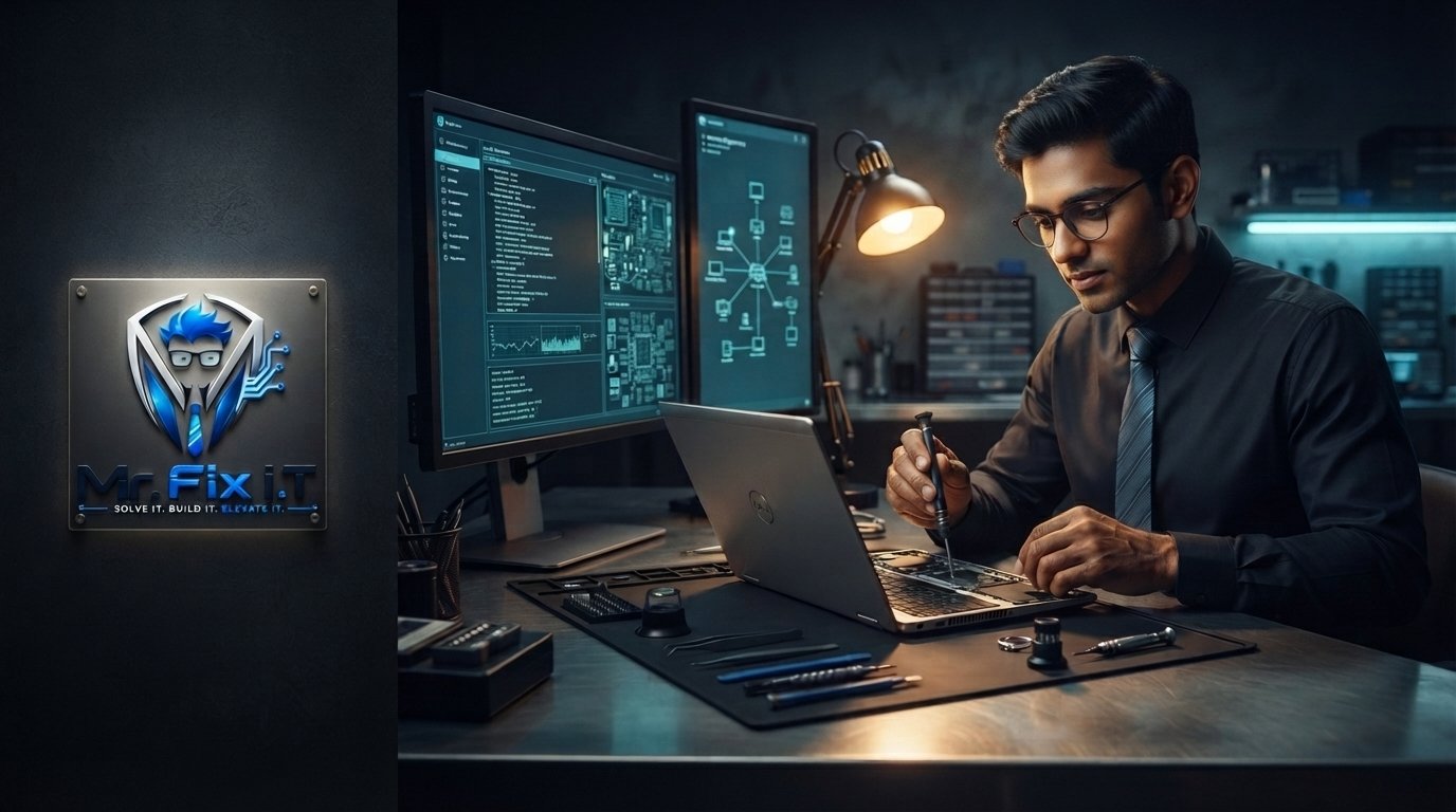 Mr. Fix I.T. specialist working at a diagnostic workbench